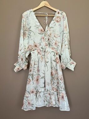 {Lovestitch} Long Sleeve Chiffon Mini Dress with Floral Print & Metallic Thread